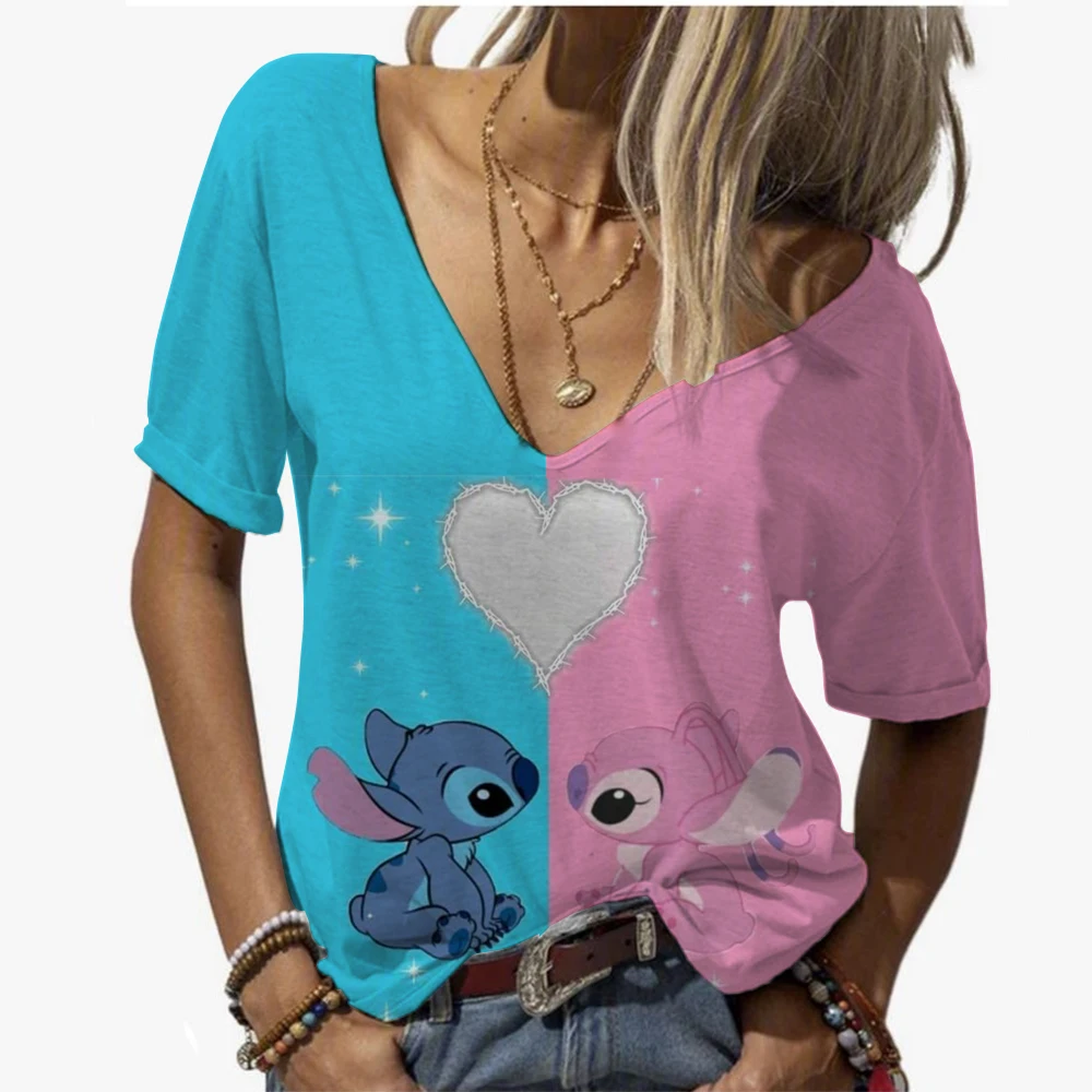

Women's clothing V-neck short sleeved T-shirt summer plus size clothing T-shirt cute Lilo&Stitch printed top animal pullover cas