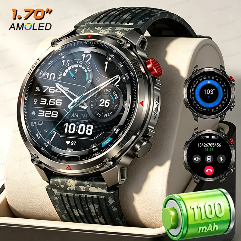 2026 New Tactics 1100mAh Battery Smart Watch GPS Sport Trajectory IP68 Waterproof LED Flashlight Outdoors Compass Military Watch