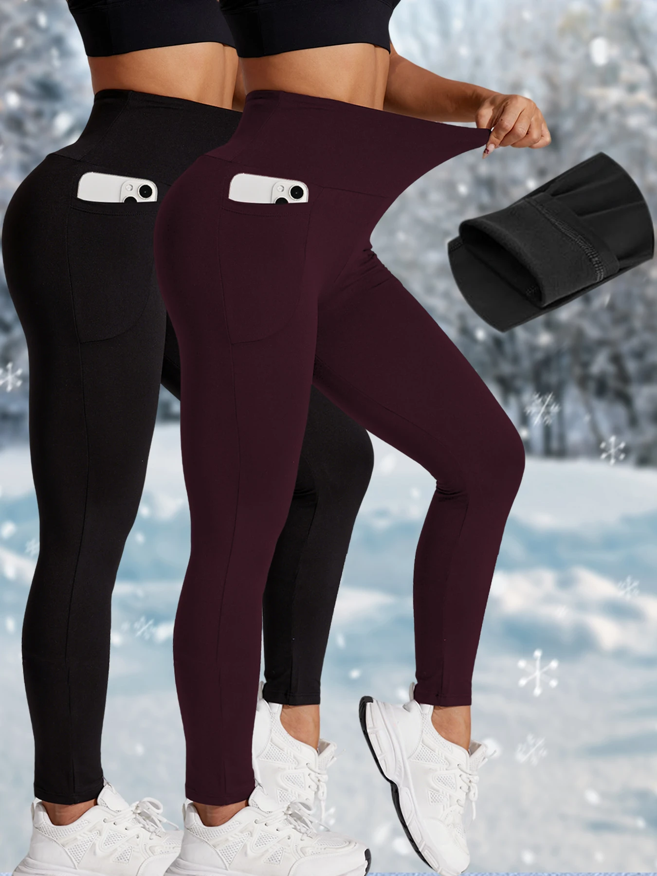 

2 Pack Women's Thermal Leggings with Pockets, High Waisted Tummy Control Workout Winter Warm Thick Tights Pants for Cold Weather