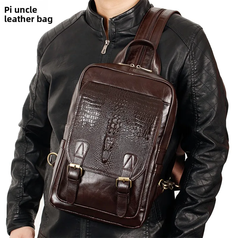 Men's Large Capacity Crossbody Bag Fashionable Multi-Functional Retro Chest Bag Leisure Double Shoulder Bag with Main Compart...