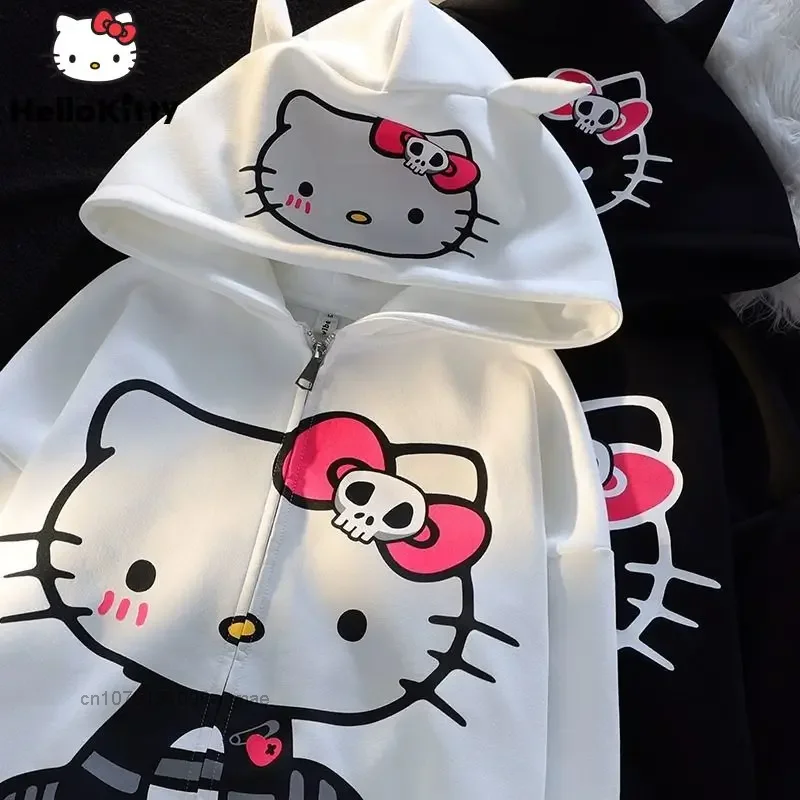 Sanrio 100% Cotton American Zip-up China-Chic Hello Kitty Printed Hoodie Women\'s Loose Zipper Cardigan Coat Hooded Clothes