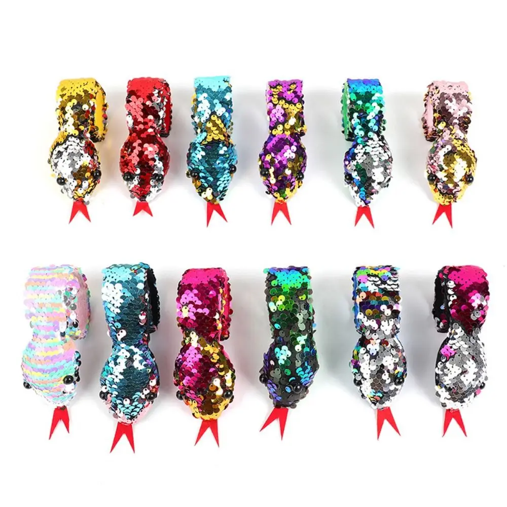 Colorful Sequin Snake Slap Bracelets Wristband Snake Theme Clap Circle Toys for Baby Shower Party Favors Wrist Decoration