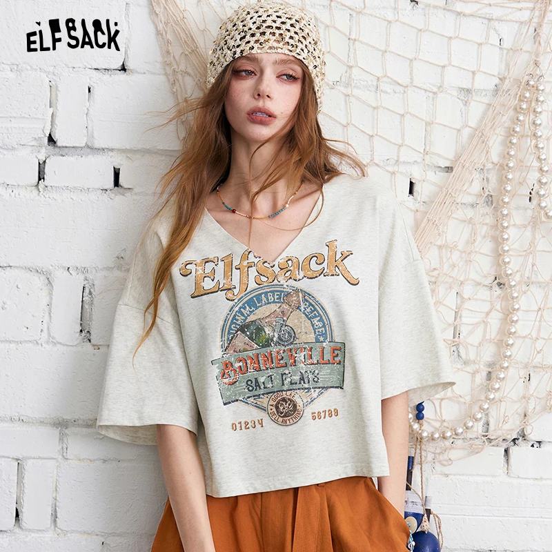 

ELFSACK Vintage Logo Print Cropped T-Shirt, V-Neck Distressed Short Sleeve Top in 2 Colors