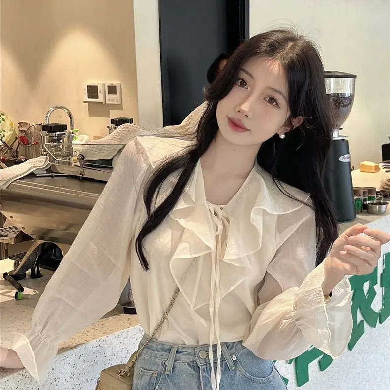 New Spring Summer Long Sleeved Chiffon Shirt for Women French Style Sweet Loose Shirt Ruffled Top