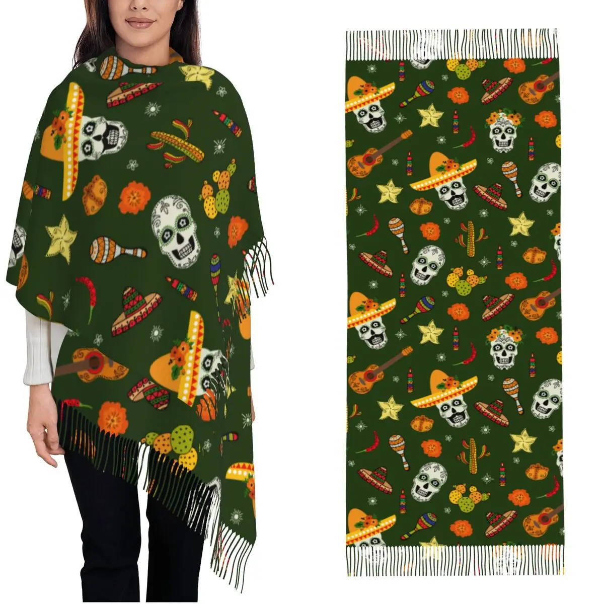 Day Of The Dead Mexican Sugar Skull Calavera Scarf for Women Pashmina Shawls and Wrap Muertos Long Shawl Scarf for Evening Dress