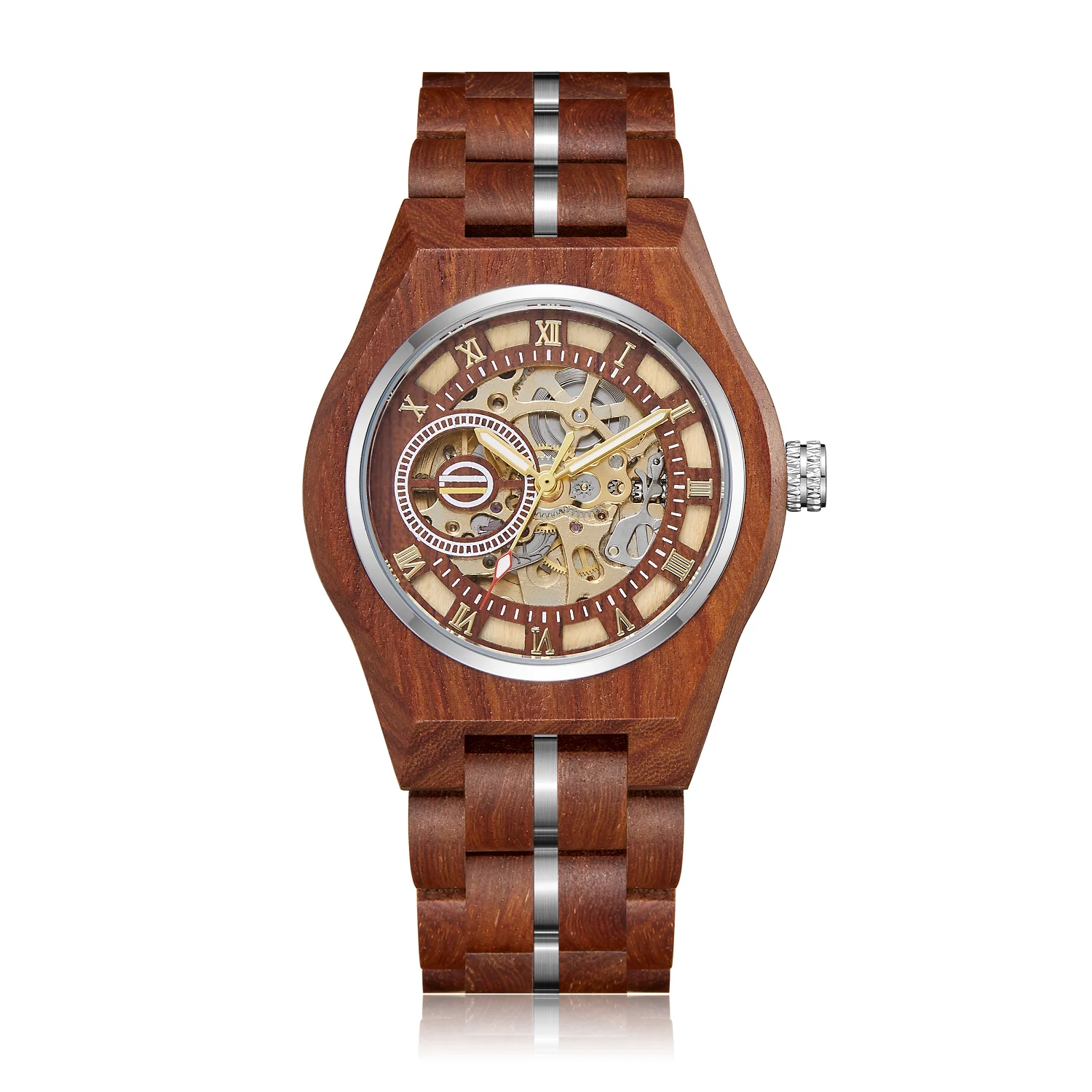 Stylish Retro Wooden Automatic Mechanical Men Watches Roman Numerals Display Stainless Steel Skeleton Self Winding Wristwatches