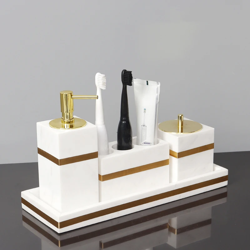 Volakos White Natural Marble Bathroom Accessories Set Luxury Golden Soap Dispenser Toothbrush Holder Soap Dish Bathroom Set