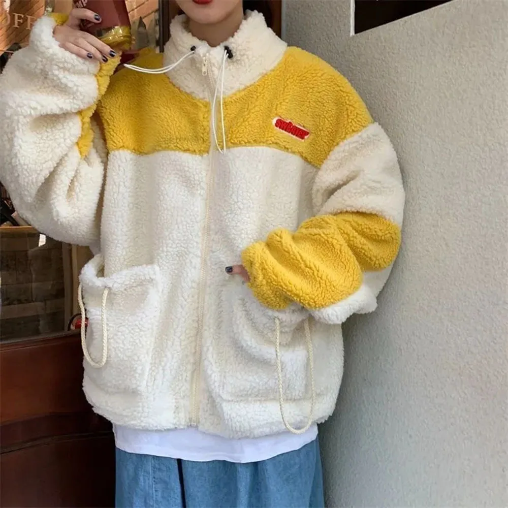 Japanese Plush Sweatshirt Casual Warm Jacket Splice Cartoon Print Hoodies Female Autumn Winter Cute Sweatshirts Coat Tops Female