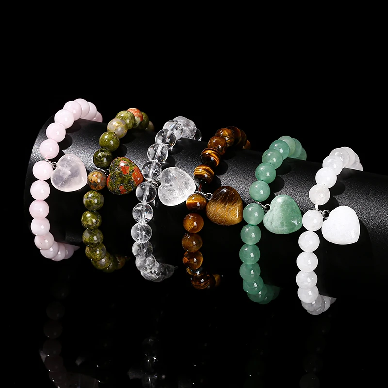 JD Natural Pink Quartz Yellow Tiger Eye Unakite Heart Pendant Beaded Bracelet Women Lovers Elegant Handmade Stretch Healing Gift