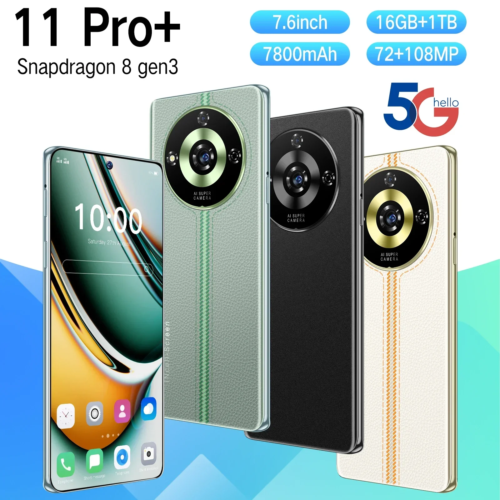 

Global Version 11 Pro+ Smartphone 5G Android 7.6-inch 16GB RAM 1TB RAM Dual SIM 7800mAh 72+108MP Camera Original Mobile phones