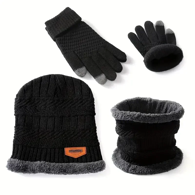 1 set warme en zachte winterfleece gevoerde gebreide muts, sjaals en touchscreenhandschoenen 3-delige set, perfecte oor- en nekwarmer