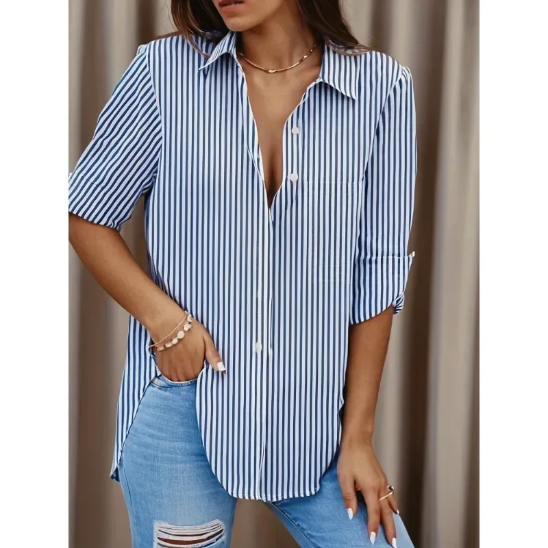

Plus Size 1XL-5XL Women's New Fashionable and Comfortable Versatile Striped Printed Shirt Collar Blouse Ladies Casual Shirt