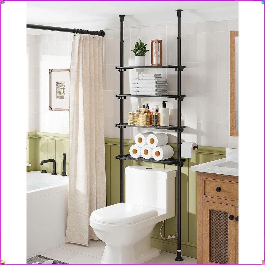 Tension Mounted 4-Tier Over-Toilet Shelf - Adjustable Bathroom Organizer & Space-Saving Storage for Small Spaces