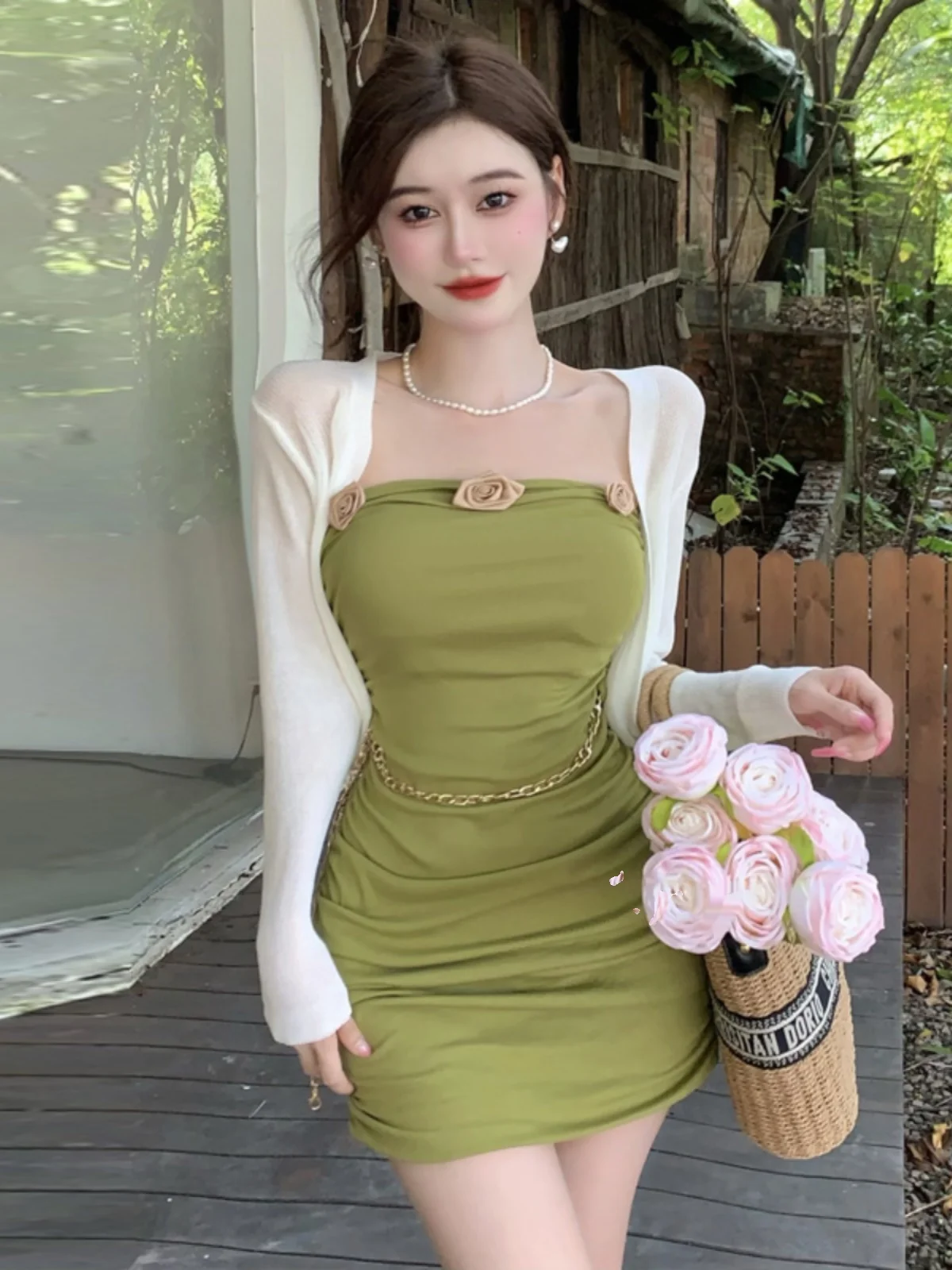 

Gege Home Faion Вязаный открытый кардиган с юбкой, дышащий анти-УФ-топ с цветочным принтом и цепочкой, плиссированная накидка вокруг Dr