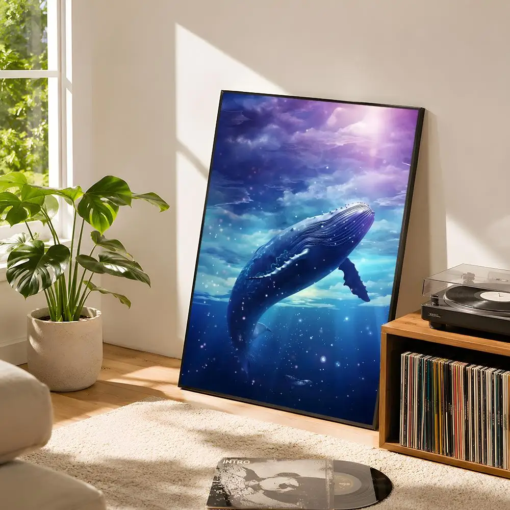 Dreamy Whale Magical Serene Night Surreal Surrounded By Stars Poster Self Adhesive Matte Wall Art Removable Home Room Decoration