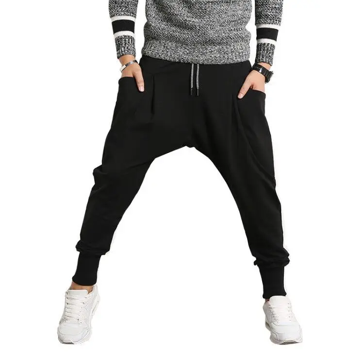 Pantalones bombachos negros para hombre, ropa de calle informal de Hip Hop, pantalones de Jogger sólidos, pantalones de chándal con bolsillo lateral