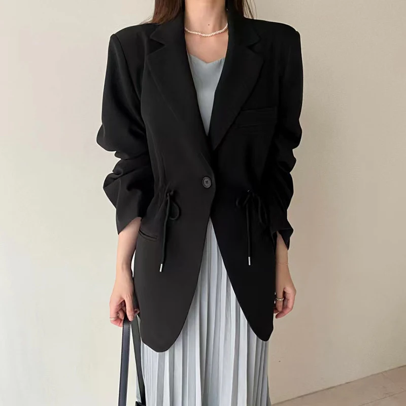 Elegant Black Blazer Women Fashion Drawstring Lace Up Suit Jacket Korean Long Sleeve Coats Office Ladies Business Outerwears New