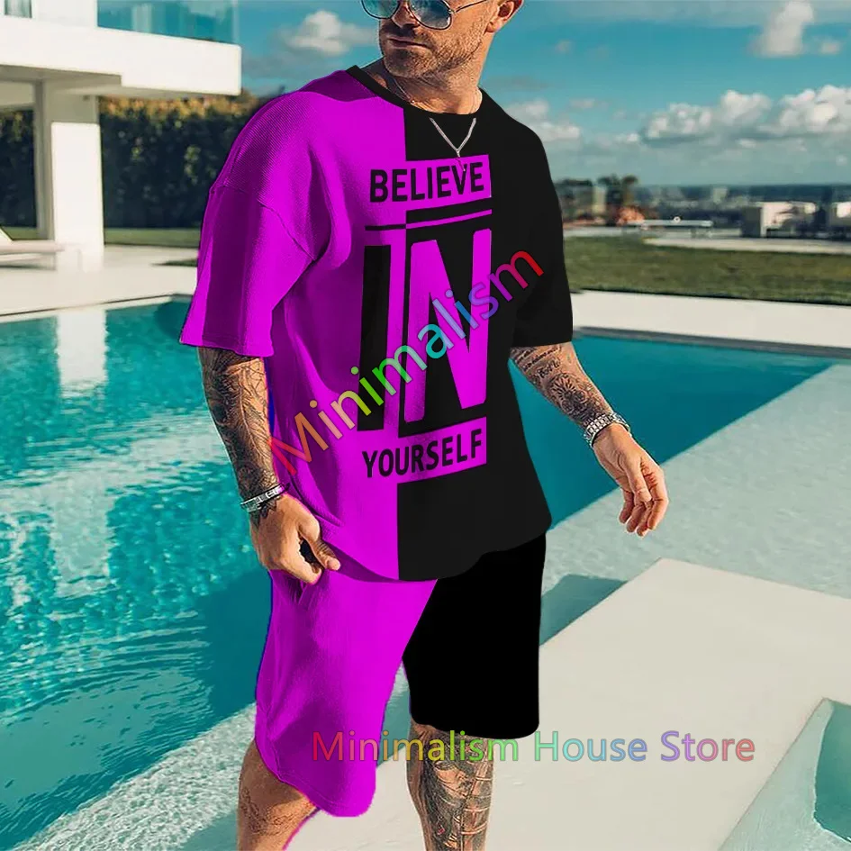 Summer New Men's Tracksuit Believe in Yourself T-shirt+Shorts Set Sport Outfit Jogging Suit Outdoor Streetwear Oversized Clothes