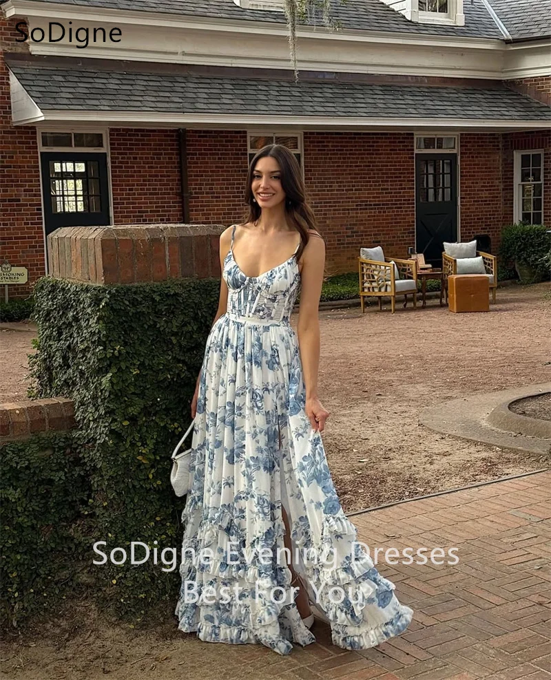 SoDigne Printing Flower Evening Dresses A-Line Side Silt Floor-Length Party Dress Spaghtii Strap Pleat Prom Gowns Customized