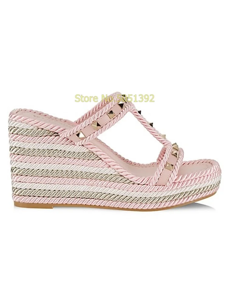 

Pink Rockstud Espadrille Wedge Sandals T Strap Open Toe Platform Weave Heel Shallow Slip On Summer Women Dress Sandals