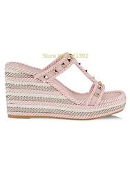 Pink Rockstud Espadrille Wedge Sandals T Strap Open Toe Platform Weave Heel Shallow Slip On Summer Women Dress Sandals