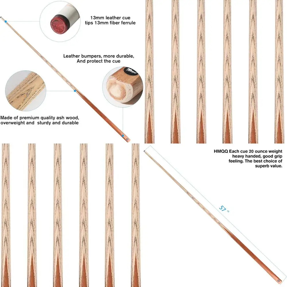 

58 13mm Leather Tip Pool Cue, 20oz Weight, Billiards Stick Set Options: 4, 6, or 8 Pieces, Black & Natural Wood
