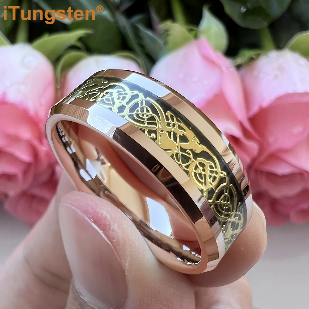 iTungsten 6/8mm Tungsten Dragon Ring for Men Women Engagement Wedding Band Fashion Jewelry Carbon Fiber Inlay Beveled