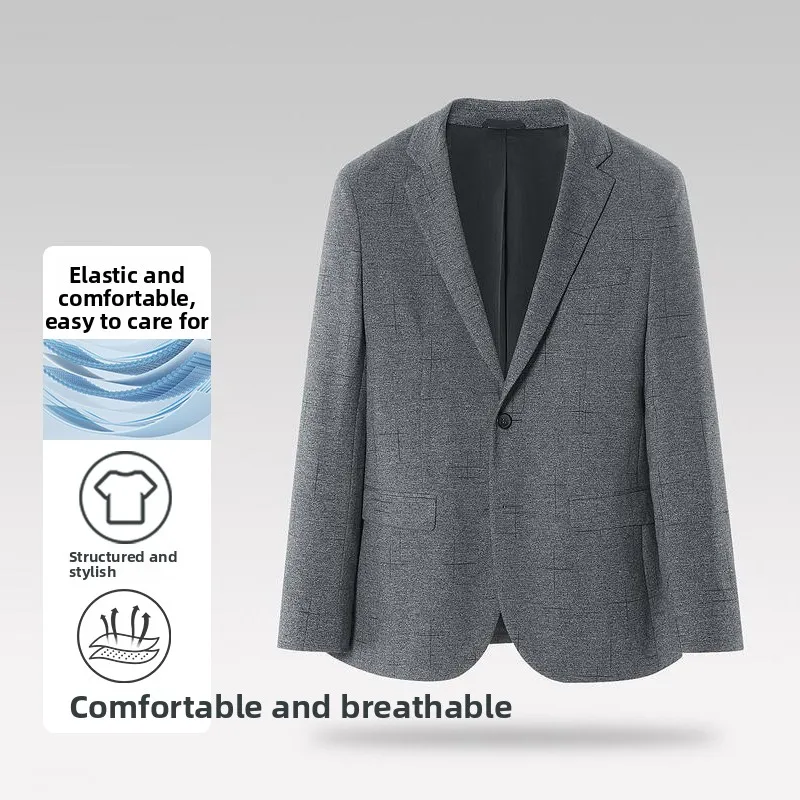 

Классический мужской повседневный костюм-пиджак весна 2024: Простой крой, высокая эластичность, прямой отложной воротник, на одной пуговице, длинный рукав, приталенный силуэт.