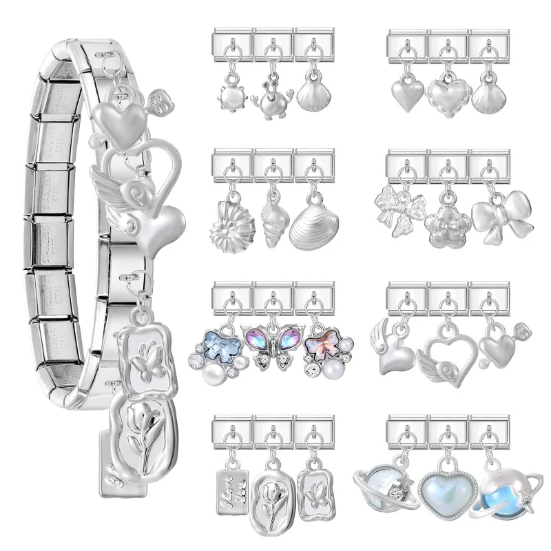 Fashion 3PCS Heart Flower Butterfly Bow Pendant Italian Charm Link Fit 9mm Stainless Steel Module Bracelet DIY Making Jewelry