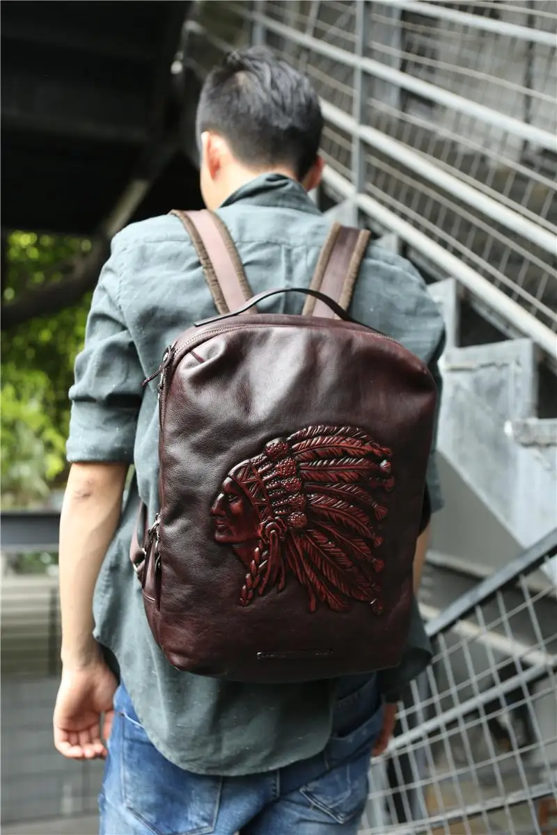 Handmade Vintage Men Backpack Computer Bag Travel Backpacks Head Layer Cowhide Original Indian European and American Leather Big