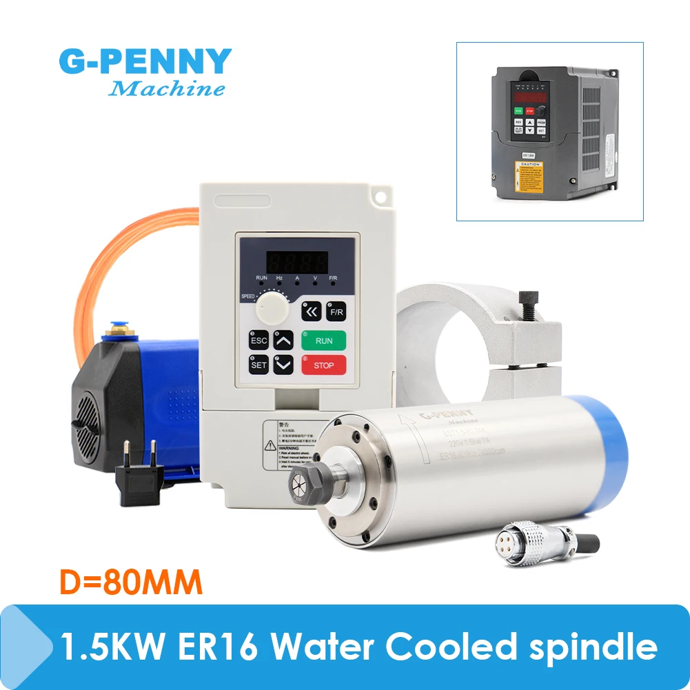 G-Penny 1.5kw ER16 Water Cooled Spindle kit 80x220mm 4 pcs Bearings 0.01mm Accuracy & 1.5kw Frequency Drive & Holder & 75w Pump