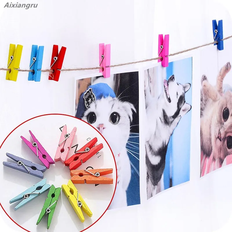 

100pcs Photo Clips, 3.5 Cm Colored Wooden Sticky Note Clips, Jute Rope Photo Wall Clips, New Message Clips, Bar Wine Cup Clips