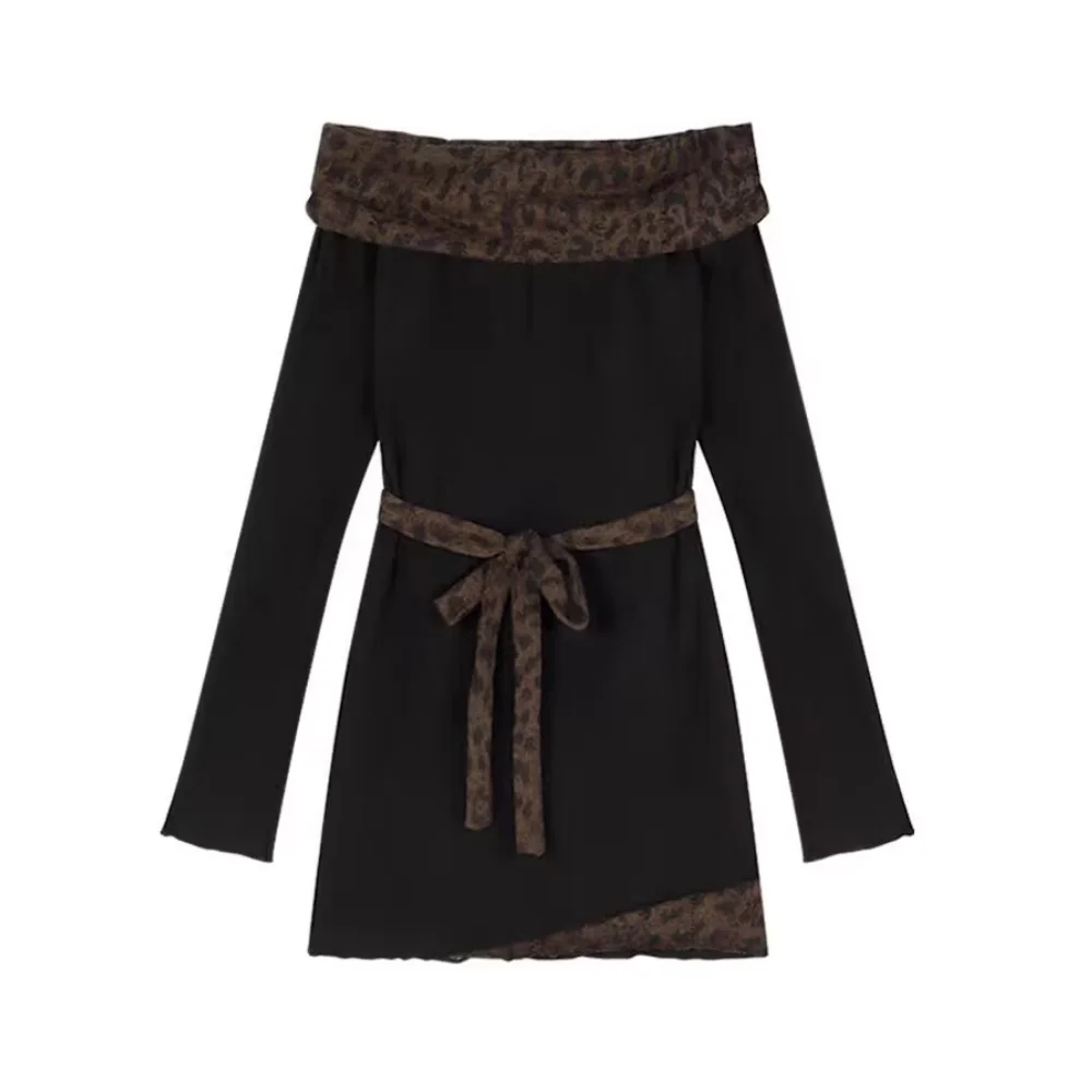 

2025 Spring New Women Long Sleeve Black Dress Slash Neck Leopard Patchwork Short Dresses Female Sexy But Cute Bandage Dress