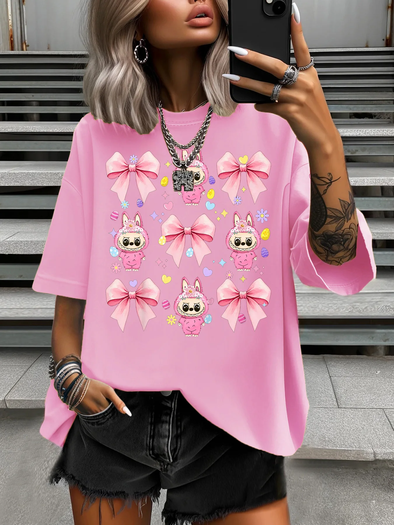

Summer Women's Plus Size T-Shirt Original Design Fashion Pink Bowknot Doll Printed Women's Casual Round Neck Short Sleeved Tops