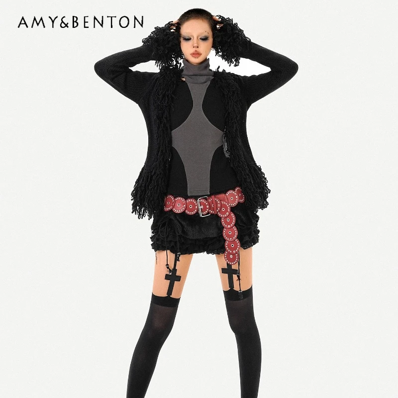 

European American Design Black Tassel Furry Women's Cardigan 2025 Autumn Winter New Versatile Slimming Knitted Jackets Ladies