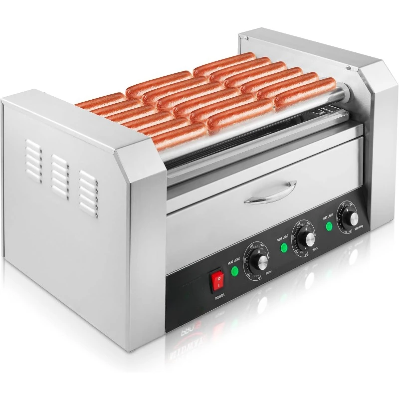 Electric 18 Hot Dog 7 Roller Grill Cooker Machine with Bun Warming Drawer - Commercial Grade Dual-temperature Controls