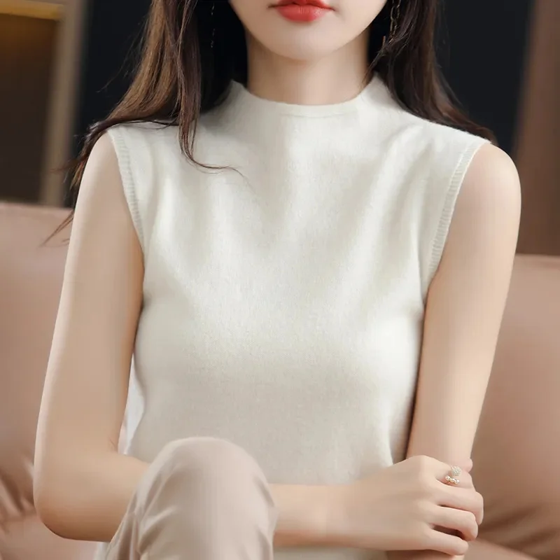 2023 Spring Summer Womens Sweater Sleeveless Turtleneck Slim Fit Knitted Pullovers Bottoming Casual Knitwear Camel Clothes