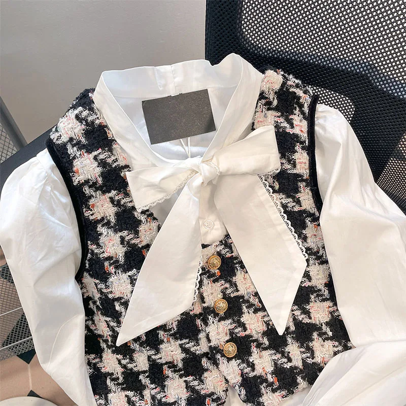 Conjunto de camisa e colete francês para mulheres, Houndstooth, manga puff, top de manga longa, alta qualidade, nova moda, primavera, 2 peças