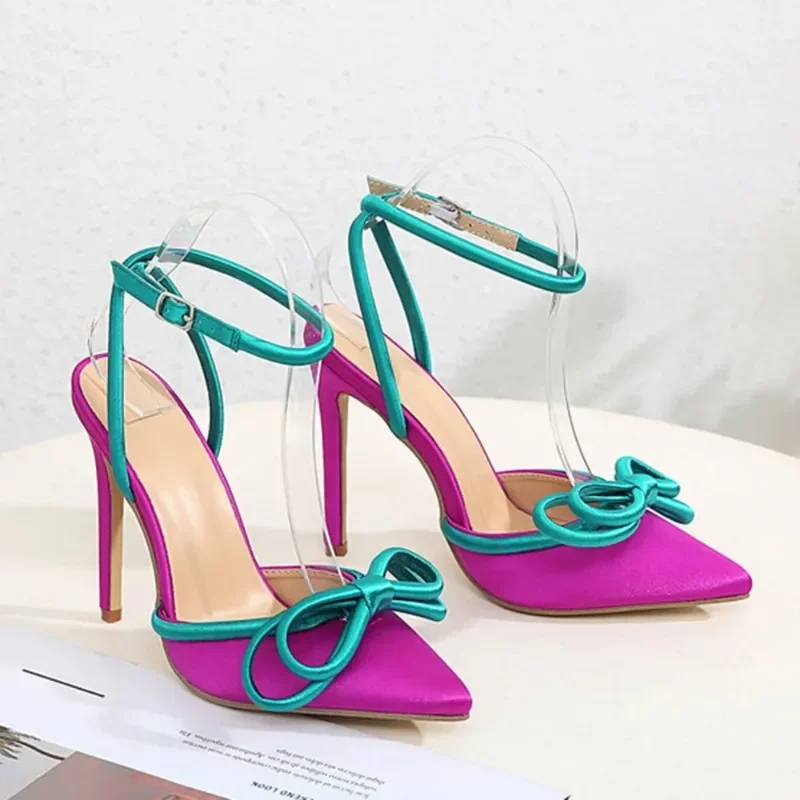 Purple Pointed Thin High Heel Sandals for Women Baotou Butterfly Knot Ankle Buckle Strap Shallow Catwalk Party Stiletto Shoes