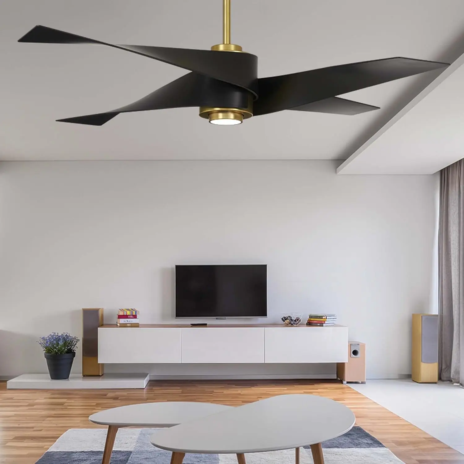 64 Inch Ceiling Fan with LED Light and DC Motor in Soft Brass Finish and Matte Black Blades