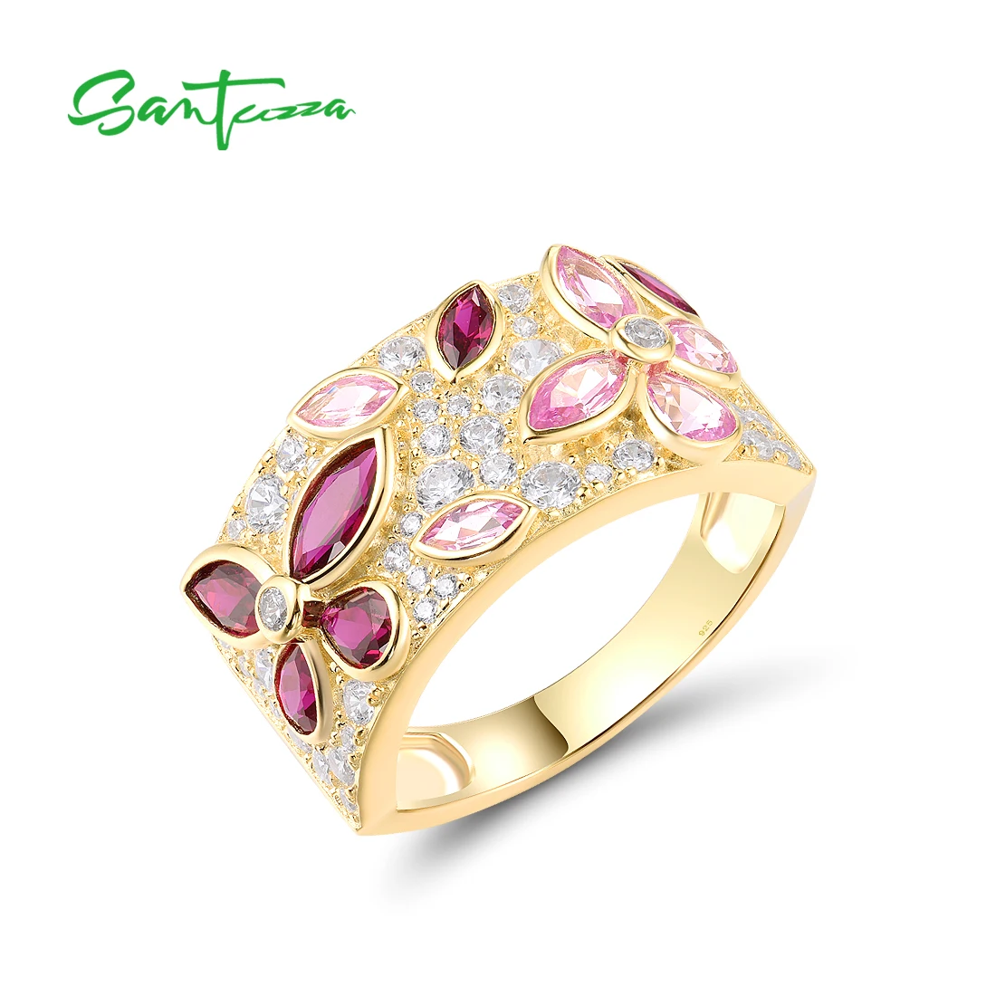 

SANTUZZA Pure 925 Sterling Silver Rings For Women Sparkling Created Pink Sapphire Ruby Flower Delicate Gifts Fine Jewelry