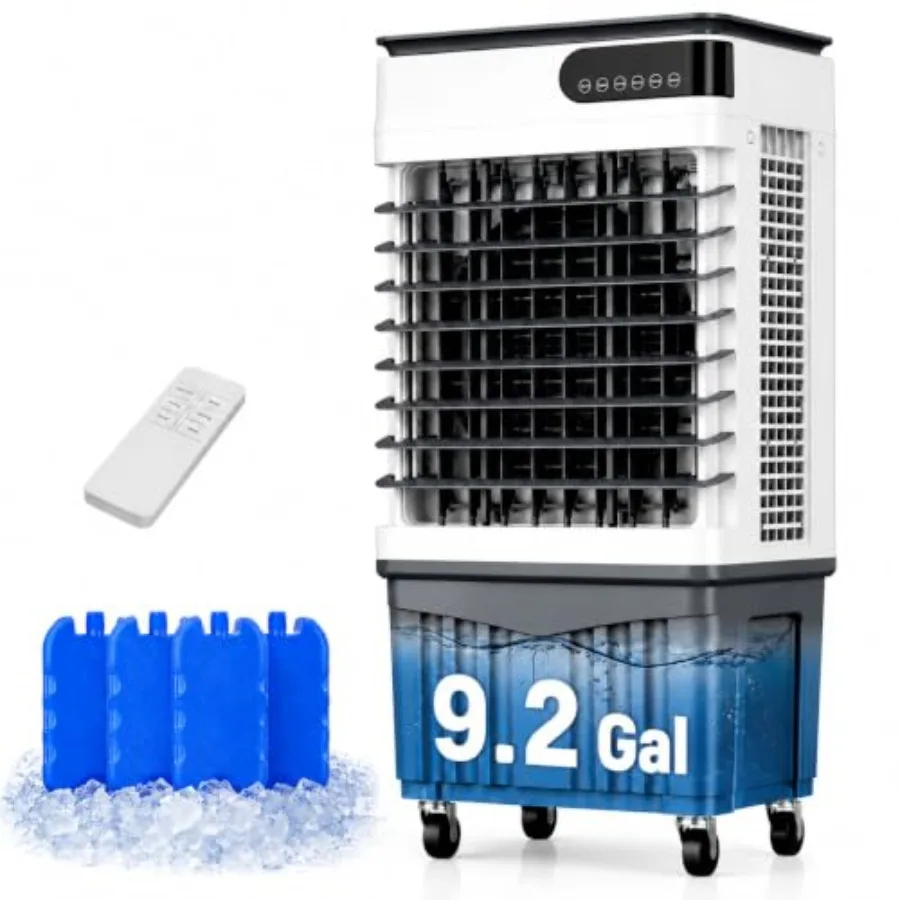 Portable evaporative air cooler for home patio sunroom use, plastic body, white, 9.2 gal top-fill tank with remote control and