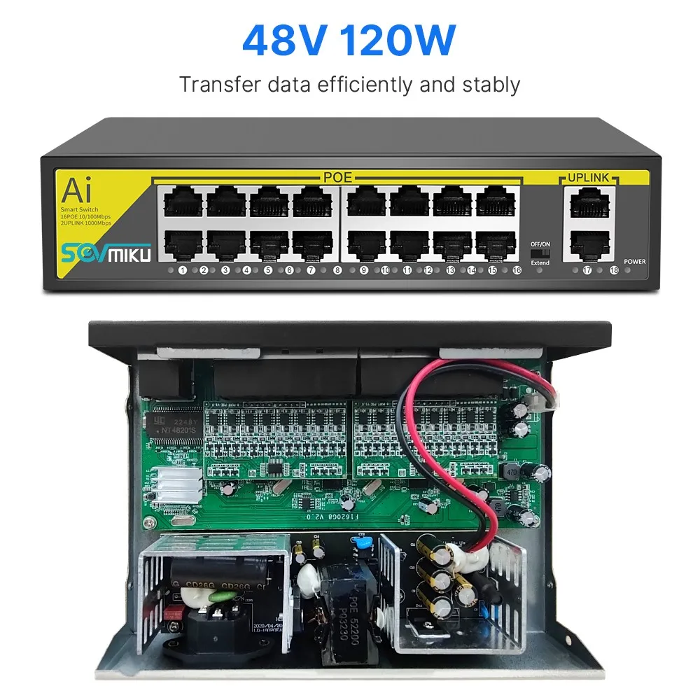 SOVMIKU przełącznik POE 48V 8/16 portów Ethernet 10/100Mbps IEEE 802.3 af/at dla kamery IP/monitoring bezprzewodowej AP