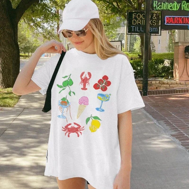 Cute Lobster Seafood T Shirt Cocktail Fruit Graphic Tee La Dolce Vita Shirt Summer Vacation Top Women Retro Italian Food T-Shirt