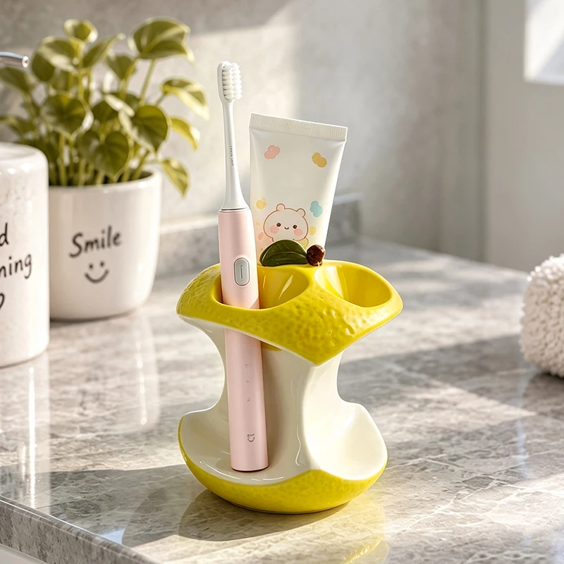 Cute Bitten Lemon Ceramic Toothbrush Holder Multi-Hole Toothpaste Rack Drainage Base Bathroom Vanity Organizer Home Decor Gift