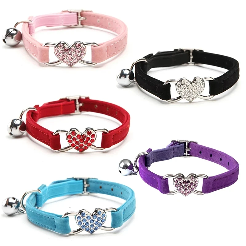 Heart Charm and Bell Cat Collar Safety Elastic Adjustable with Soft Velvet Material 8 Colors Pet Product Small Dog Collar