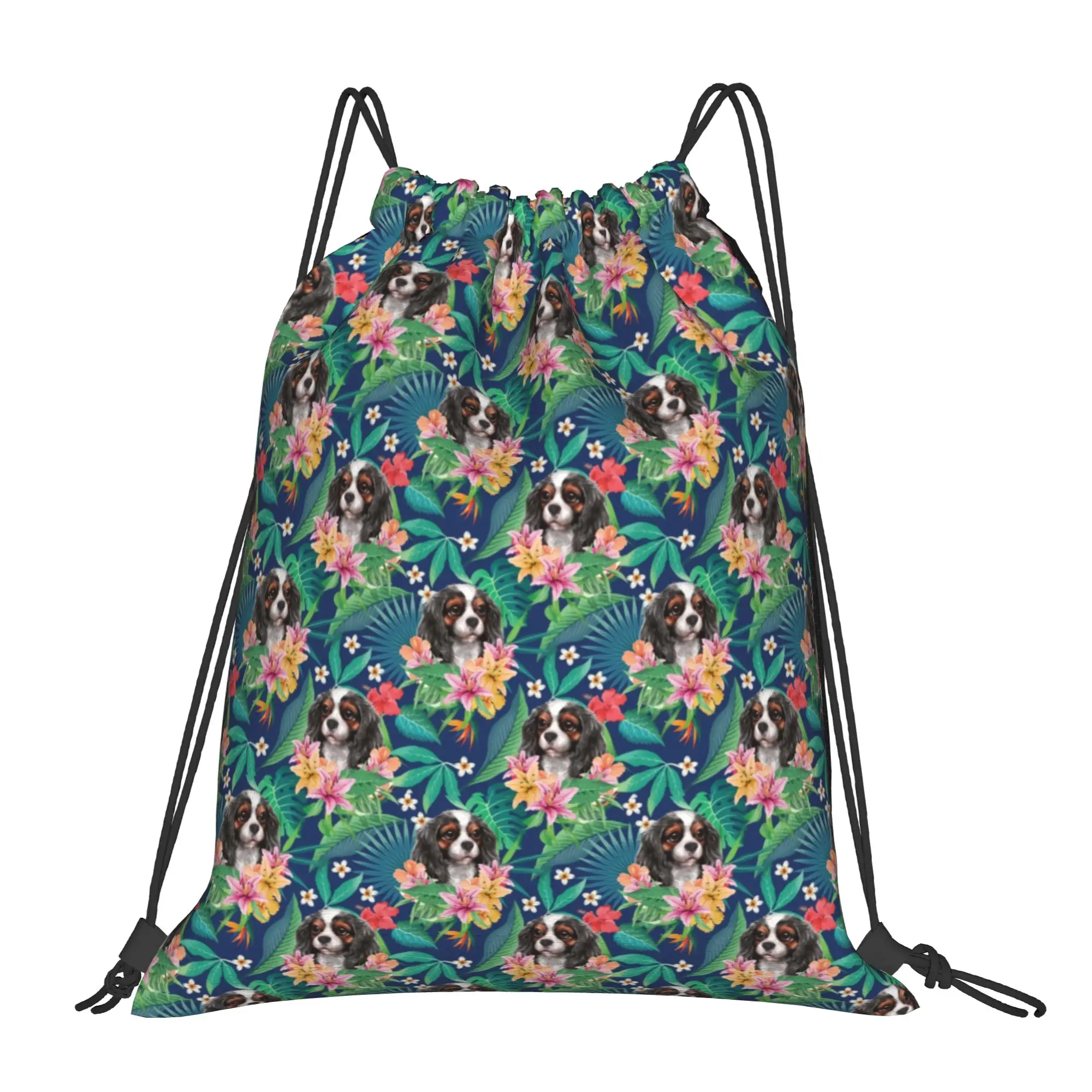 Mochila personalizada con cordón para cachorros de Cavalier King Charles Spaniel, color tropical, tricolor, bolsa deportiva para gimnasio, bolsa de compras para perros y mascotas