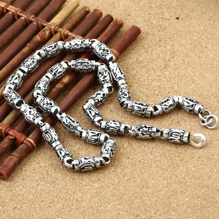 

925 sterling silver men's and women's classic necklace trendy vintage Thai silver six words mantra stitching thick straps