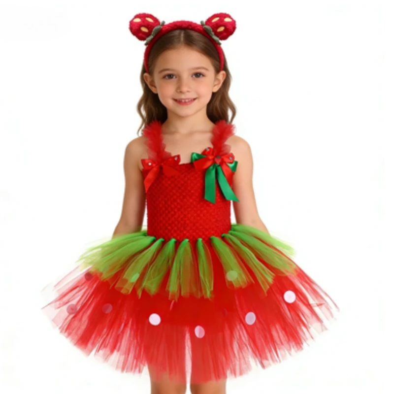 3 Layers Strawberry Ballet Tutus Dresses for Baby Girls Fluffy Christmas Clothes with Hairbow Kids Fruits Birthday Party Outfit
