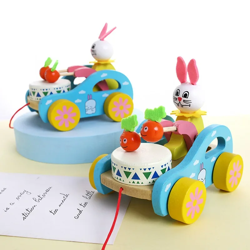 1-3 Years Old Children's Small Carts, Babies Dragging, Walking Animals, Rabbits Playing Drums, Wooden Carts, Toys,